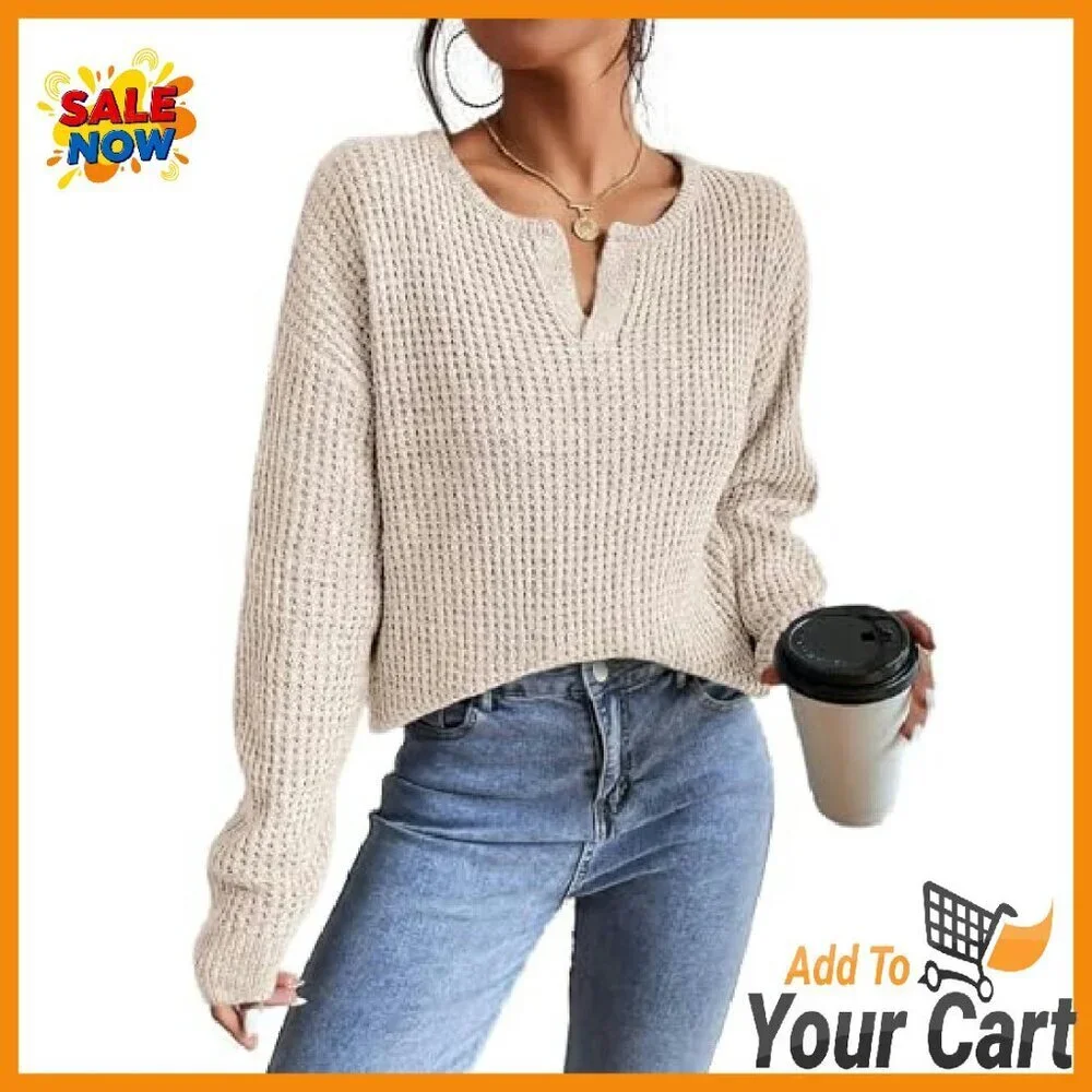 Women's V-Neck Pullover Sweater Drop Shoulder Long Sleeve Lightweight